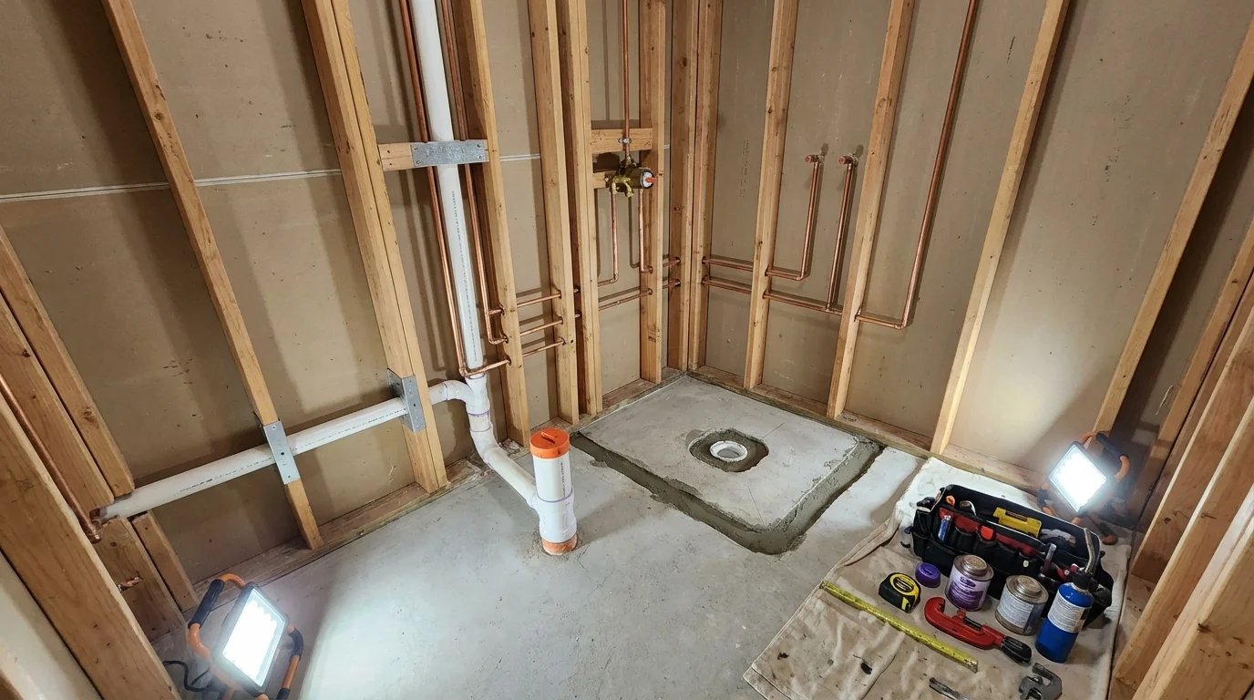 Bathroom rough-in plumbing during remodel by Johns Plumbing LLC in Rice