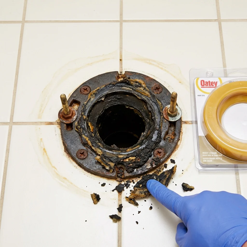 Failed wax ring showing water seepage at the base of a toilet in a Rice, MN home