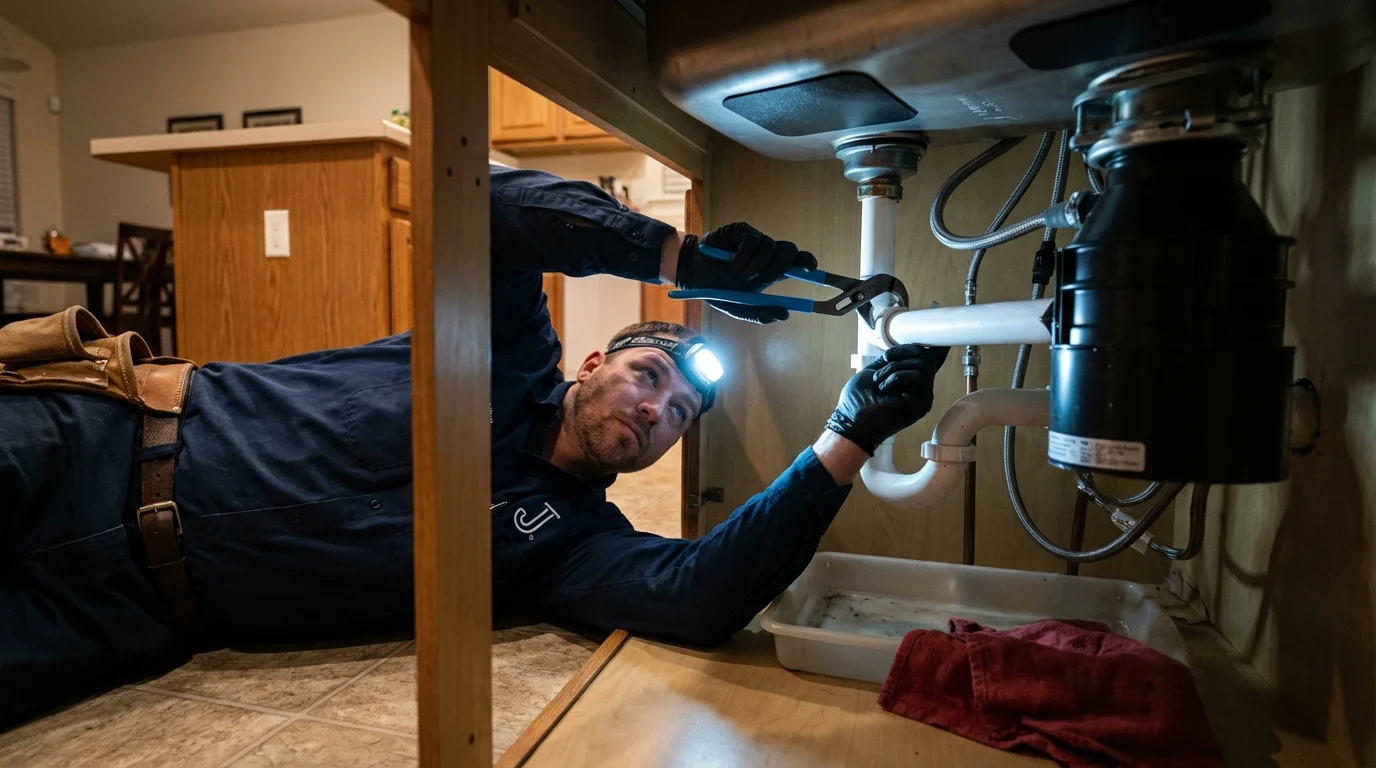 P-trap and supply line connections under a kitchen sink showing a common leak point in Rice, MN